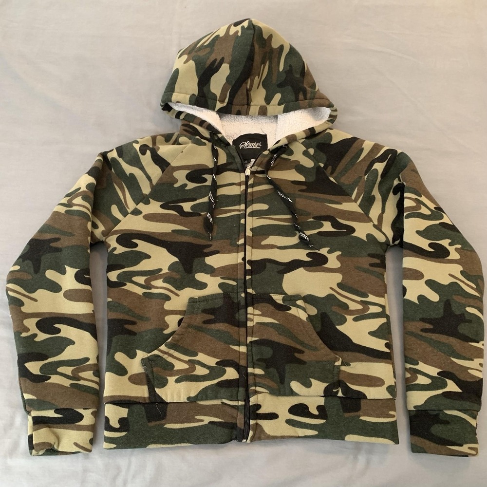 Special One Hoodie Womans Lrg Green Camo Sherpa Lined Full Zip Fleece Sweatshirt